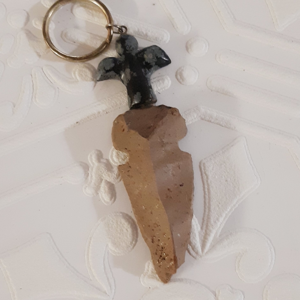 Snowflake Obsidian Stone Arrowhead Keychain Charm - image 2